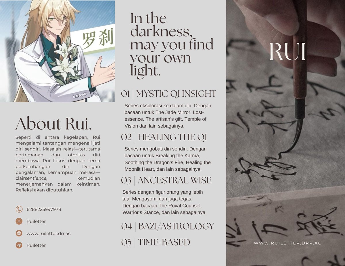 RuiLetter's tweet photo. [REPOST WILL BE APPRECIATED]

STATUS: Menerima tarot reading interaktif dan schedule slot tersedia setiap hari. Untuk bazi dan astrologi, hanya booking saat awal bulan.

▸ Site: https://t.co/DXg9NHts1i
▸ https://t.co/iG9Xhl6WjO (Prioritize)
▸ https://t.co/L2cdQW3m6C 
▸ DM (Direct Message)

#Zonauang #zonajajan