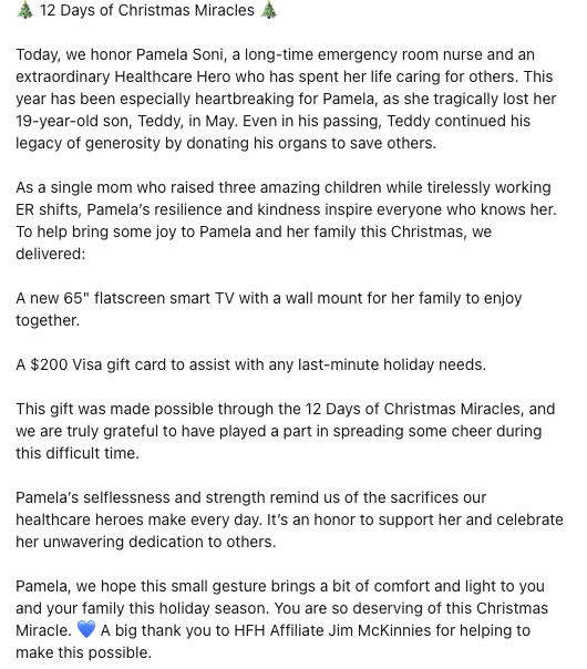 🎄 12 Days of Christmas Miracles 🎄

Today, we honor Pamela Soni, a long-time emergency room nurse and an extraordinary Healthcare Hero who has spent her life caring for others.