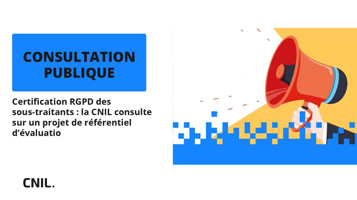 📢 Certification #RGPD des sous-traitant : afin de construire un référentiel adapté, la CNIL ouvre une consultation publique 👉 cnil.fr/fr/certificati…
📅 Participez jusqu’au 28 février 2025