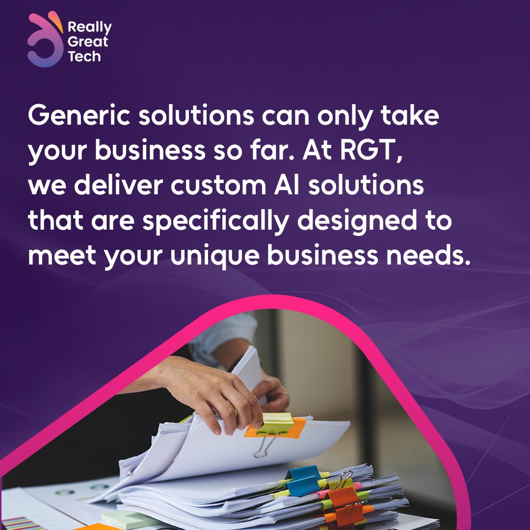 ReallyGreatTech's tweet image. Generic solutions can only take your business so far. At RGT, we deliver custom AI solutions that are specifically designed to meet your unique business needs. Discover how our AI-powered tools help businesses grow, scale, and thrive in today’s tech-driven world. #CustomAI #GenAI