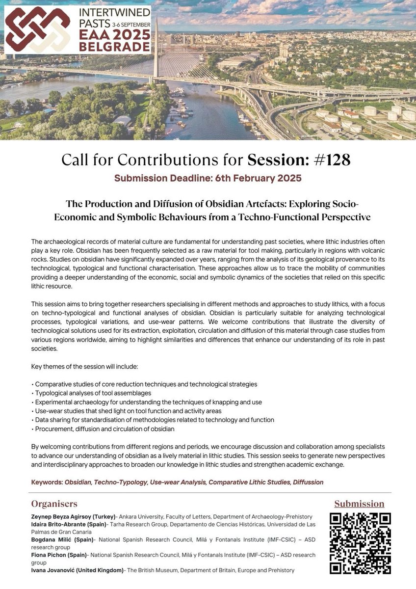 📢 Call for papers EAA Belgrade 2025 - Session #128 

Join our session on obsidian artifacts, where we will delve into all aspects related to the lithic studies of this raw material 🪨🔬

Don't miss the opportunity ‼️

<a href="/archaeologyEAA/">European Association of Archaeologists</a> 

<a href="/ulpgcresearch/">ULPGC Research</a> <a href="/DUlpgc/">Departamento de Ciencias Históricas ULPGC</a>