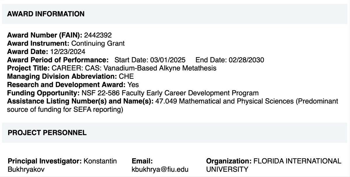 Fantastic News!!! Our group received the <a href="/NSF/">U.S. National Science Foundation</a> #CAREER award!!! This 5-year grant will support our work on Vanadium alkylidynes and their application for alkyne metathesis!!! <a href="/BukhGroup/">Bukhryakov Group</a> <a href="/FIU/">FIU</a>