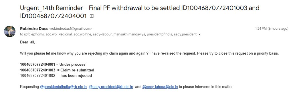 DassRobindro's tweet photo. @rashtrapatibhvn Dear Ma'am,
Requesting you to please intervene in this matter as I am not getting my PF money for the last 24 months in my emergency situation.
@socialepfo 
@PMOIndia 
@LabourMinistry 
@epfokolkata 
@mansukhmandviya 
@rashtrapatibhvn https://t.co/zzOcP3xzl7