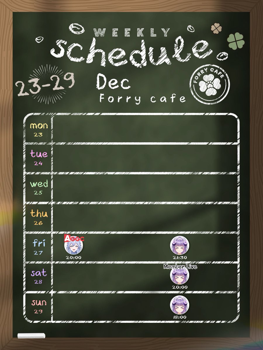 ForryCafe's tweet photo. 🍀ตารางงานของพนักงาน GEN 1🍀
ประจำวันที่ 23-29 ธันวาคม 2024
•
@FrozyForry @PenguCH @pinto__xx @EmilVtuberth @FusuiForry
•
#CV_Forry
#pintolive #Pengu_Live #FrozyLive #EMILLive https://t.co/bkQI61cwhe