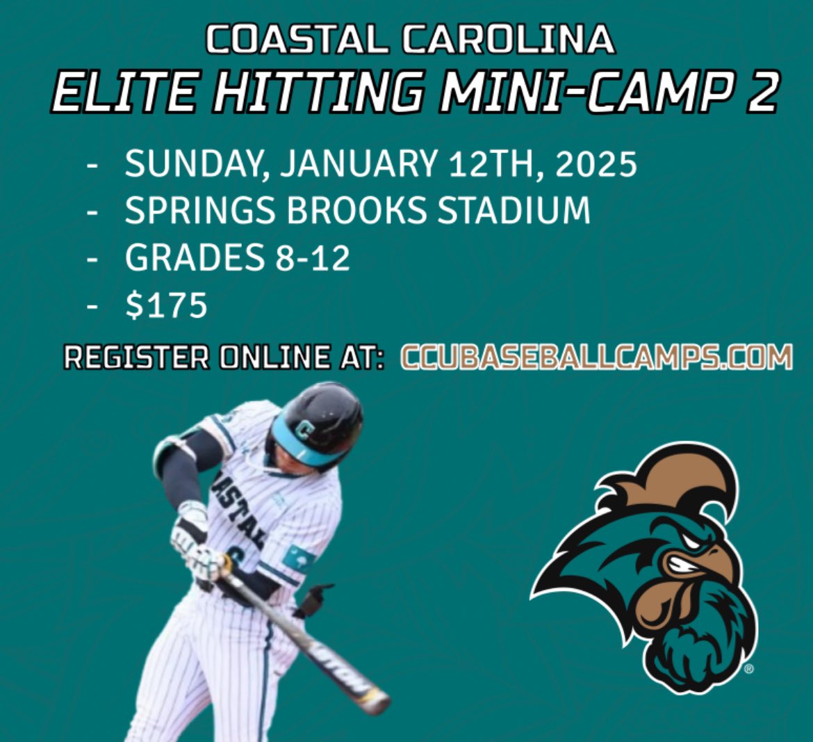 Tyler Shewmaker (@tshewmaker43) on Twitter photo 🗣️ 🗣️ January <a href="/CoastalBaseball/">Coastal Carolina Baseball</a> Camps
- <a href="/KSchnall9/">Kevin Schnall</a> Elite Catching Camp
- Elite Infield Camp
- Two Elite Hitting Camp opportunities.
** Great way to continue getting ready for a Spring High School Baseball Season!
⤵️⤵️
ccubaseballcamps.com 🗣️ 🗣️ January <a href="/CoastalBaseball/">Coastal Carolina Baseball</a> Camps
- <a href="/KSchnall9/">Kevin Schnall</a> Elite Catching Camp
- Elite Infield Camp
- Two Elite Hitting Camp opportunities.
** Great way to continue getting ready for a Spring High School Baseball Season!
⤵️⤵️
ccubaseballcamps.com