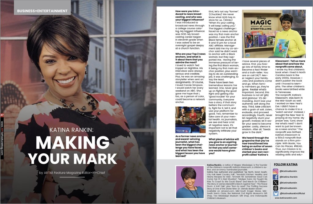 katinarankin's tweet photo. Thank you for the feature artistfeaturemag! #Honored #BroadcastingPioneers #Anchor #Reporter #Author #Actress #MakingYourMark #KatinaRankin #KatinasKlassroom https://t.co/uvhHRjgF0a