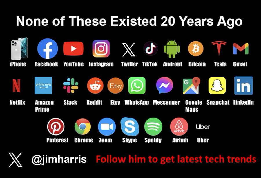 JimHarris's tweet photo. None of these existed 20 years ago! 😲

iPhone 
Facebook 
YouTube 
Instagram 
Twitter 
TikTok
Android 
Bitcoin 
Tesla 
iPad 
Gmail 
Netflix streaming
Amazon Prime 
Slack 
Reddit 
Etsy
WhatsApp 
Messenger 
Google Maps 
Snapchat
LinkedIn  
Pinterest  
Chrome 
Zoom 
Spotify 
Airbnb 
Uber 

#CES2025 #innovation @EvanKirstel