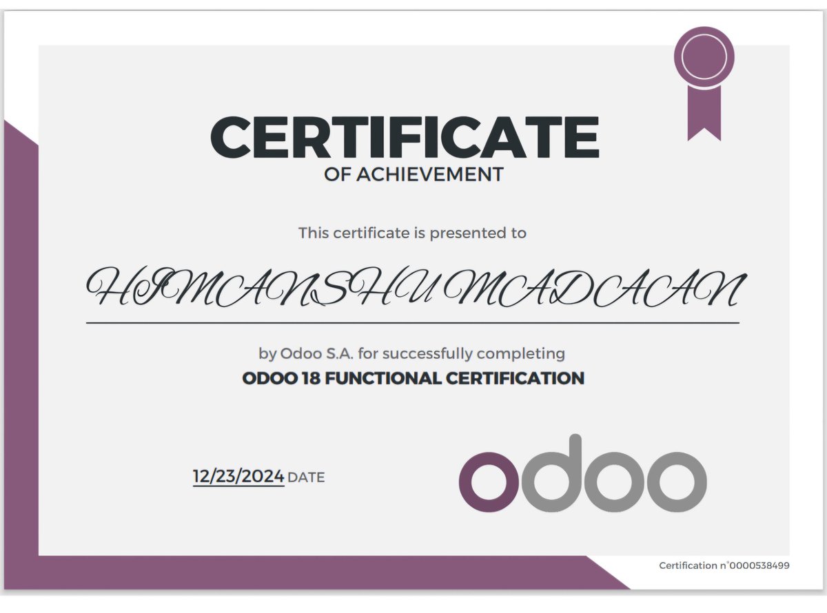 Odoo 18 Certified Fuctional Consultant 

#odoo #erp #MSMEs #Startups #apple #crm #London #USA #europ #SkyNani #AppleMusic #crm #bussiness