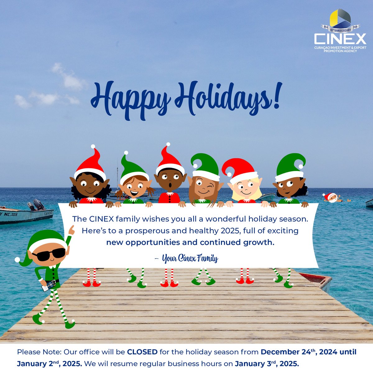 Happy Holidays from CINEX Family! 🎅🎄✨

#Curacao #HappyHolidays #Warmwishes #Holidayseason #Invest #Export #Development #Opportunities #Growth