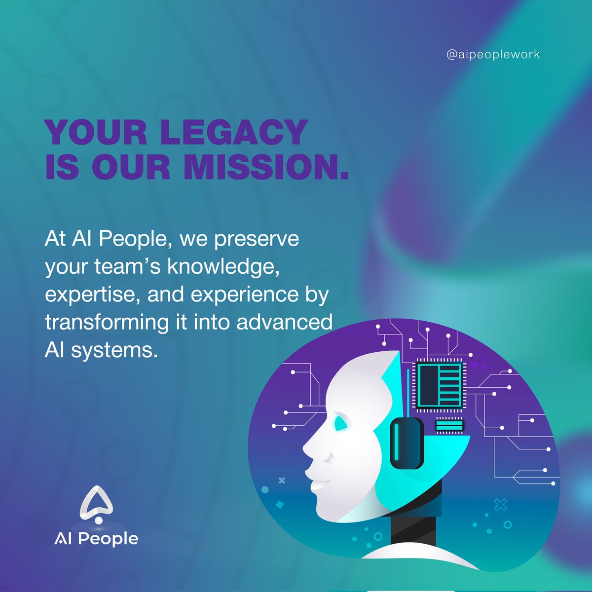 _AIPeople_'s tweet image. Your legacy is our mission. 

At AI People, we turn your team’s knowledge, expertise, and experience into powerful AI systems that last for generations. 
#AI #KnowledgePreservation #FutureProof