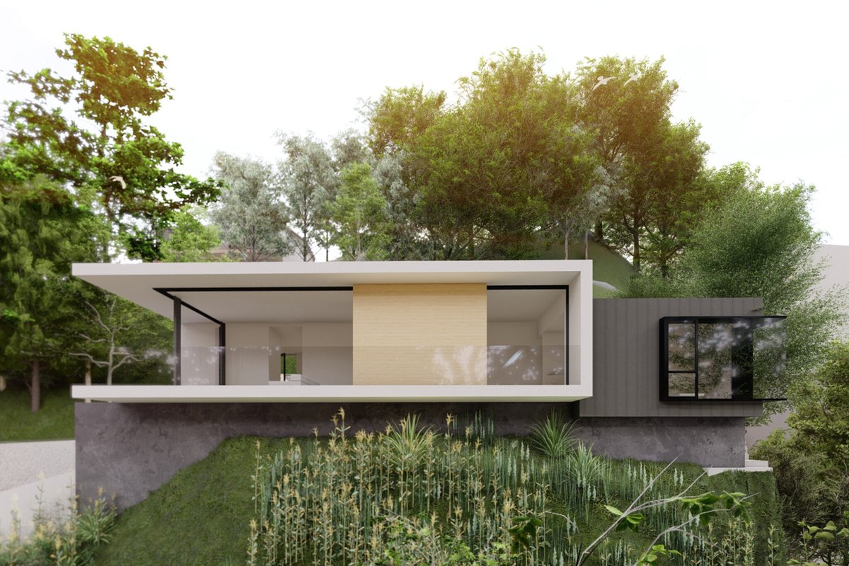 Alloi's tweet photo. Exploring Design Options | Hollywood Reservoir Home

1: A minimalist design focused on simple, clean lines

2: A bold, sculptural facade with deep overhangs

3: A warm, nature-inspired design https://t.co/X9no729aJf