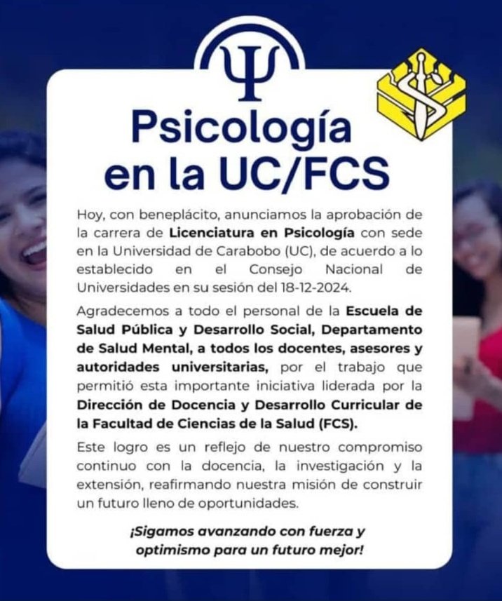 Maferpereirada's tweet photo. OFICIAL | La licenciatura de Psicología es aperturada en la Universidad de Carabobo. 

Una carrera que ha sido esperada durante varios años y por muchas personas y el pasado 18-12-2024 fue aprobada en sesión por el Consejo Nacional Universitario. 

¡Viva la UC! https://t.co/8z6GazklQg