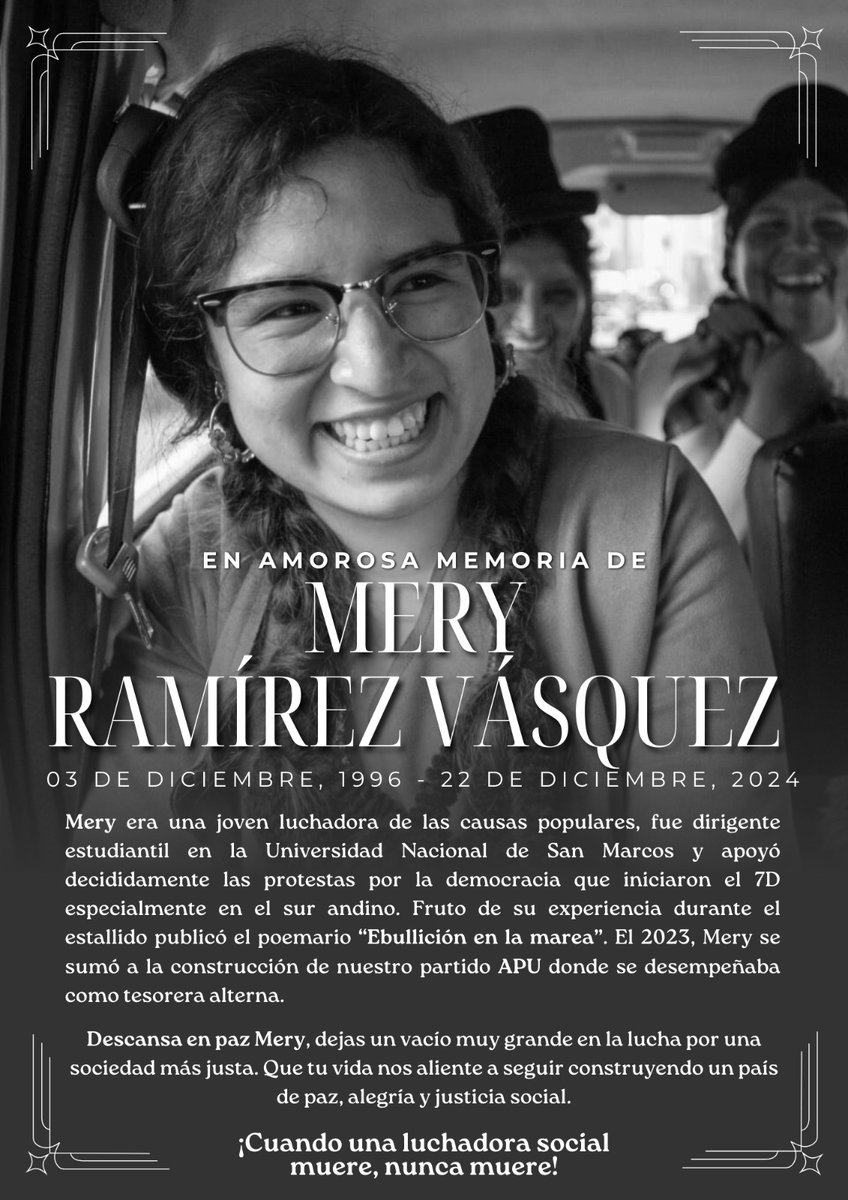 APUnacional's tweet photo. 💔 Con gran dolor informamos el fallecimiento de nuestra compañera Mery Estefani Ramírez en un accidente automovilístico la ruta Cusco- Paruro. Mery era una joven luchadora y se unió con entusiasmo a la construcción de APU.  Que tu vida nos aliente trabajar por un país mejor 🌟 https://t.co/A8TSlgBTbP
