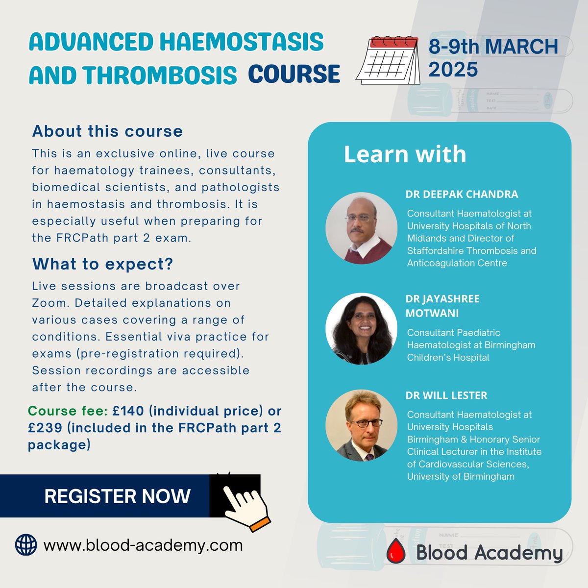 New course dates!

Preparing for FRCPath Part 2? Don’t miss the Advanced Haemostasis &amp; Thrombosis Course on 8-9th March 2025, led by expert tutors. 🎓

Register now: bit.ly/48pDOps
Details: bit.ly/3RoCBbg

🩸 Boost your revision &amp; ace the exam!