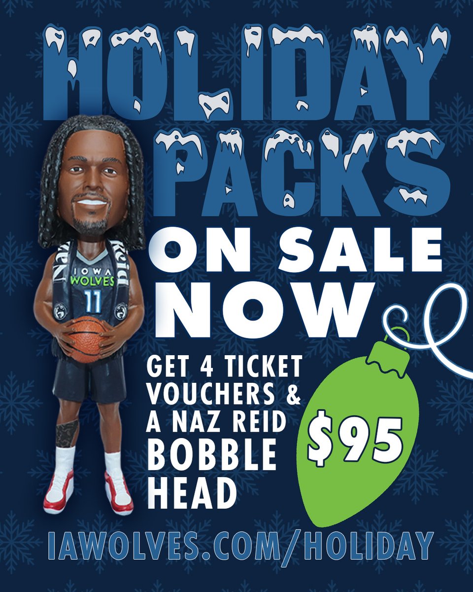 In need of a last minute gift?

You can never go wrong with a Naz Reid bobblehead AND four ticket vouchers to an Iowa Wolves home game!

Visit iawolves.com/holiday and get yours!