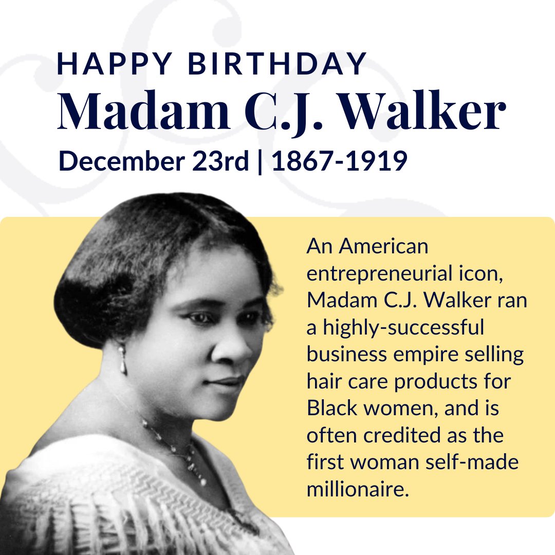 committeeof200's tweet photo. Happy birthday to Madam C.J. Walker, an American entrepreneurial icon!

#WomenInBusiness #WomenEntrepreneurs #MadamCJWalker https://t.co/QggAB1ELWU