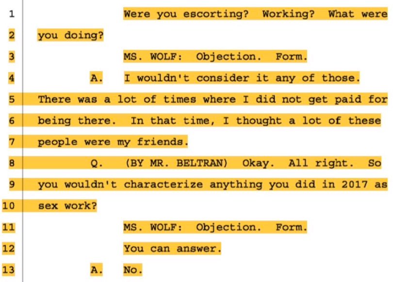 mattgaetz's tweet image. ANOTHER ONE of the ethics witnesses who was an alleged “prostitute” claims she was indeed NOT when actually pressed in a deposition. 

This won’t be in the “ethics” report because of course.