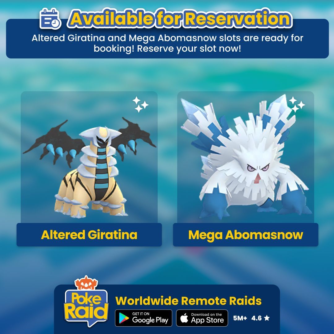 PokeRaidApp's tweet photo. #AlteredGiratina and #MegaAbomasnow slots are now available for reservation. Visit the "Bookings" tab on the #PokeRaidApp to book your slot now! Check out how room reservation works:
https://t.co/Mwc214u4dg
Find #PokemonGOfriends easily with PokeRaid!
#Giratina #Abomasnow https://t.co/UNX2Q9hRcA