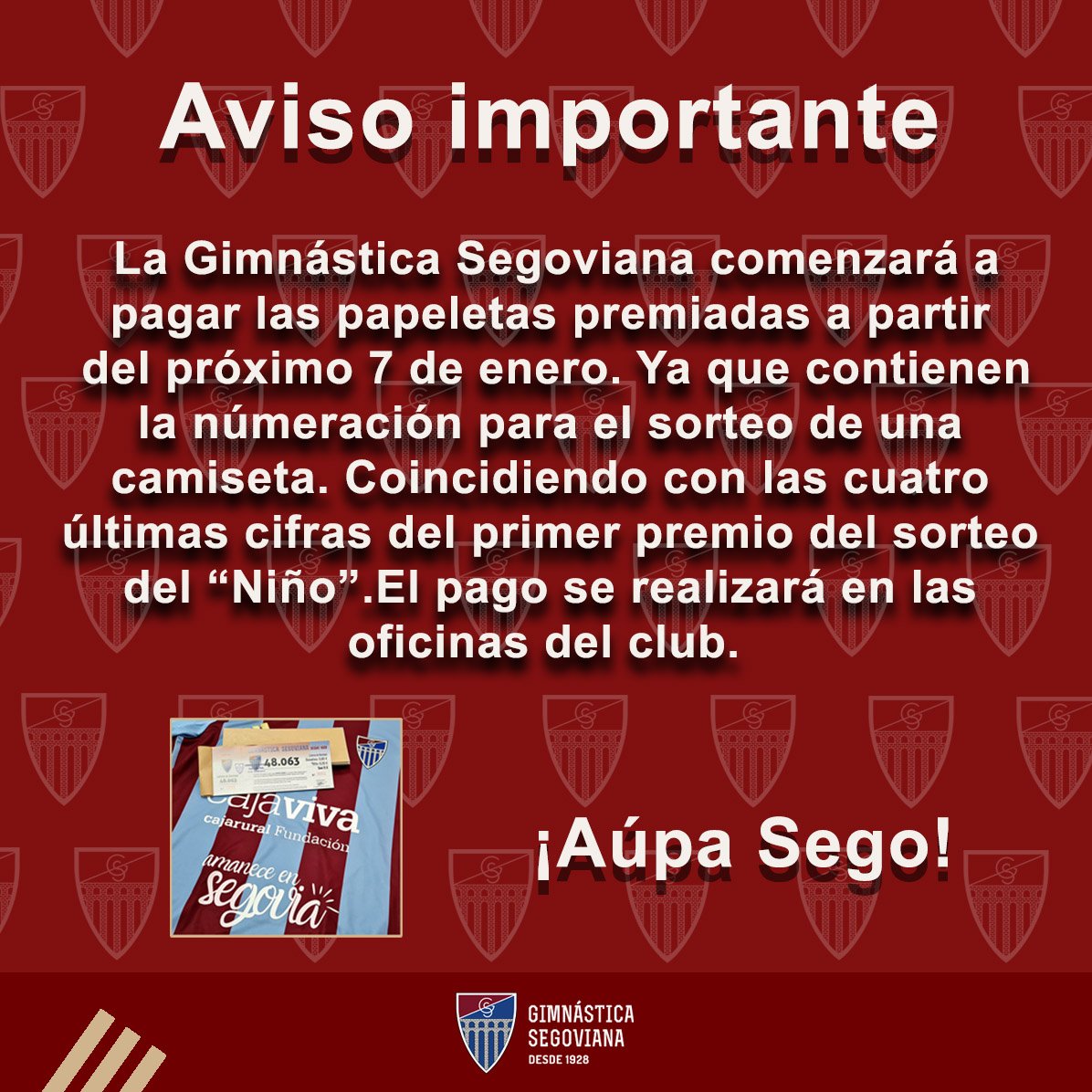 📢 Aviso importante para el cobro de las papeletas premiadas en el sorteo de Navidad.
#AúpSego🔴🔵