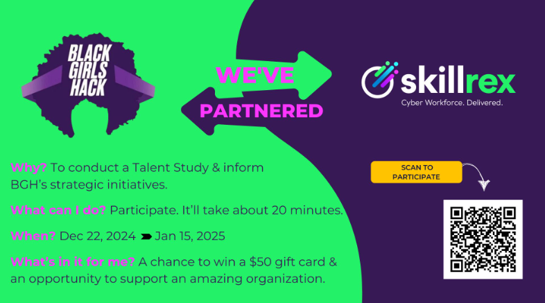 blackgirlshack's tweet photo. Your voice matters! 💻 Take the BGH Cyber Talent Study now. Shape future programs &amp; enter to win a $50 gift card!
https://t.co/jLp8HWLlxW

#BlackGirlsHack #CyberTalent #Skillrex #CyberSecurity #BGHTalentStudy https://t.co/yGgQz4ZogH