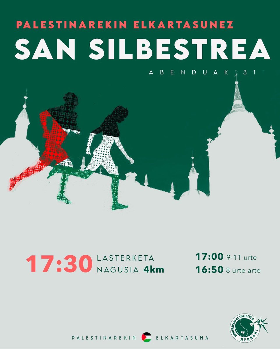 Badator Hernaniko San Silbestrea Palestinarekin elkartasunez! 🏃‍♀️🏃🇵🇸

Aurten ohiko antolakuntzak antolatu ezin duenez, Kontrakantxako Gazte Asanbladatik egingo dugu, baina noski, horrelako lasterketa bat ez da posible herritarren laguntzarik gabe.