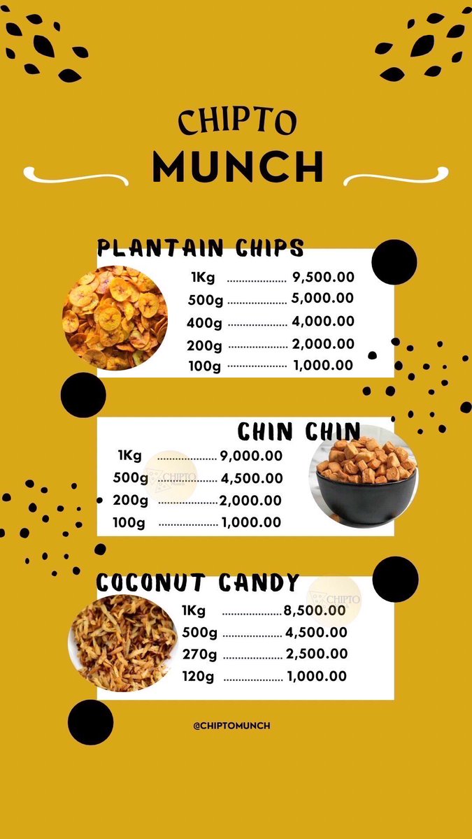 chiptomunch's tweet photo. Happy New Week🥰

Here’s our price lists for every of our products, check it out, do well to patronize this brand🤲🏽🤗 
we’re ready to serve you our sweet crunchy edibles🤤

#snacks #chiptomunch https://t.co/m7NpBLcWhk