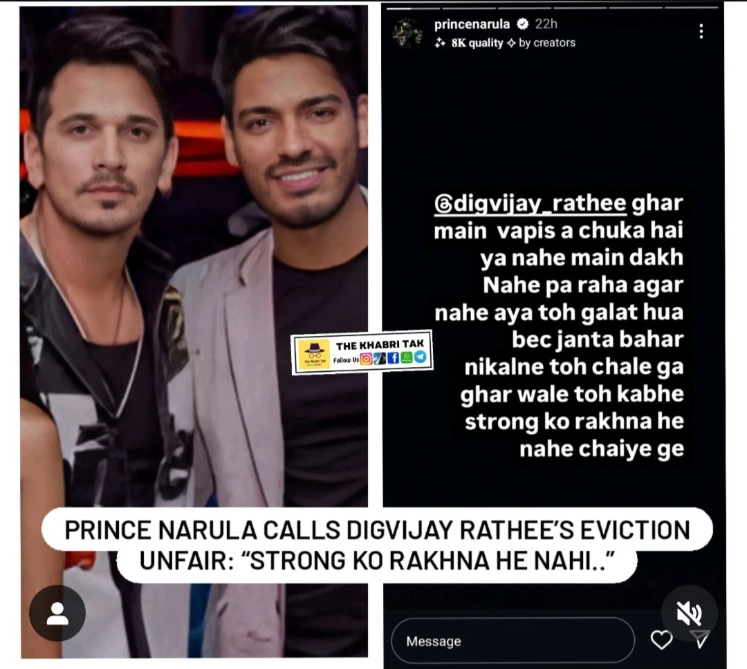 Latest : Bigg Boss 9 winner <a href="/princenarula88/">Prince Narula</a> supports #DigvijayRathee says “Strong Ko Rakhna He Nahi..” 👑

Comment - Your Opinion 
#BB18 #BiggBoss #BiggBoss18 <a href="/itsDiggyGang/">Diggy Gang</a>  

Follow - <a href="/TheKhabriTak/">The Khabri Tak</a> for more