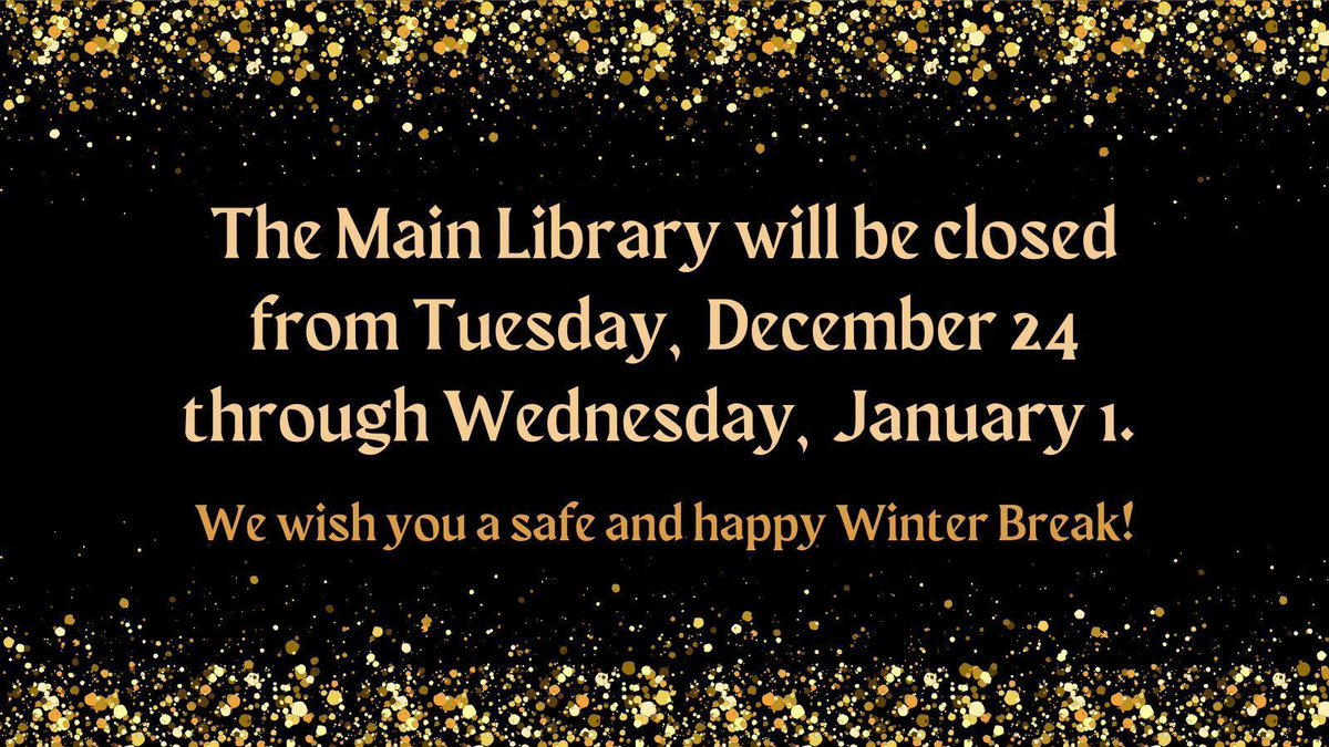 We will be closed Tuesday, December 24 through Wednesday, January 1 📘❄️📙 While we're closed, please leave us a message if you need help with your Library account:

📧 circlib@library.illinois.edu
☎️ 217-333-8400

We'll be happy to help when the Library reopens!