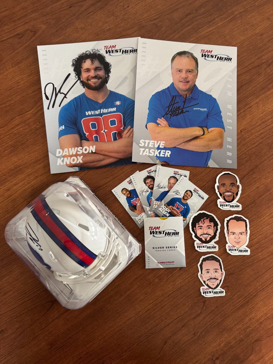 West Herr Auto Group (@westherr) on Twitter photo 🚨 GIVEAWAY 🚨 - To celebrate #Buffalo's win against New England yesterday, we are giving away a #TeamWestHerr prize pack including a signed @joshallenqb mini helmet, a signed <a href="/dawsonknox/">Benny Dawson </a> & <a href="/SteveTasker89/">Steve Tasker</a> poster, an EXCLUSIVE set of #TeamWestHerr trading cards, and a 🚨 GIVEAWAY 🚨 - To celebrate #Buffalo's win against New England yesterday, we are giving away a #TeamWestHerr prize pack including a signed @joshallenqb mini helmet, a signed <a href="/dawsonknox/">Benny Dawson </a> & <a href="/SteveTasker89/">Steve Tasker</a> poster, an EXCLUSIVE set of #TeamWestHerr trading cards, and a