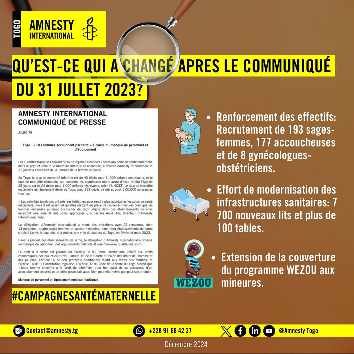AmnestyTogo's tweet photo. 🟡⚫𝐐𝐮’𝐞𝐬𝐭-𝐜𝐞 𝐪𝐮𝐢 𝐚 𝐜𝐡𝐚𝐧𝐠𝐞́ 𝐝𝐞𝐩𝐮𝐢𝐬 𝐥𝐞 𝐥𝐚𝐧𝐜𝐞𝐦𝐞𝐧𝐭 𝐝𝐞 𝐥𝐚 𝐜𝐚𝐦𝐩𝐚𝐠𝐧𝐞 𝐒𝐚𝐧𝐭𝐞́ 𝐌𝐚𝐭𝐞𝐫𝐧𝐞𝐥𝐥𝐞 ?

À la suite du communiqué d’Amnesty International sur les conditions des soins de santé maternelle au Togo, une campagne dénommée "SOS Santé Maternelle" a été lancée. 

Cette pétition, adressée aux autorités du pays, a mobilisé des milliers de citoyen·ne·s pour exiger des actions concrètes et urgentes en faveur des femmes enceintes et des nouveau-nés.  

À l’approche de l’année 2025 : Voici quelques updates !

@AmnestyWARO @GouvTg @MINI @MSPS_Togo @PresidenceTg @Franceautogo @UN_Togo  
#SantéPourTous #SOSSANTEMATERNELLE #Santé #DroitsHumains #Togo