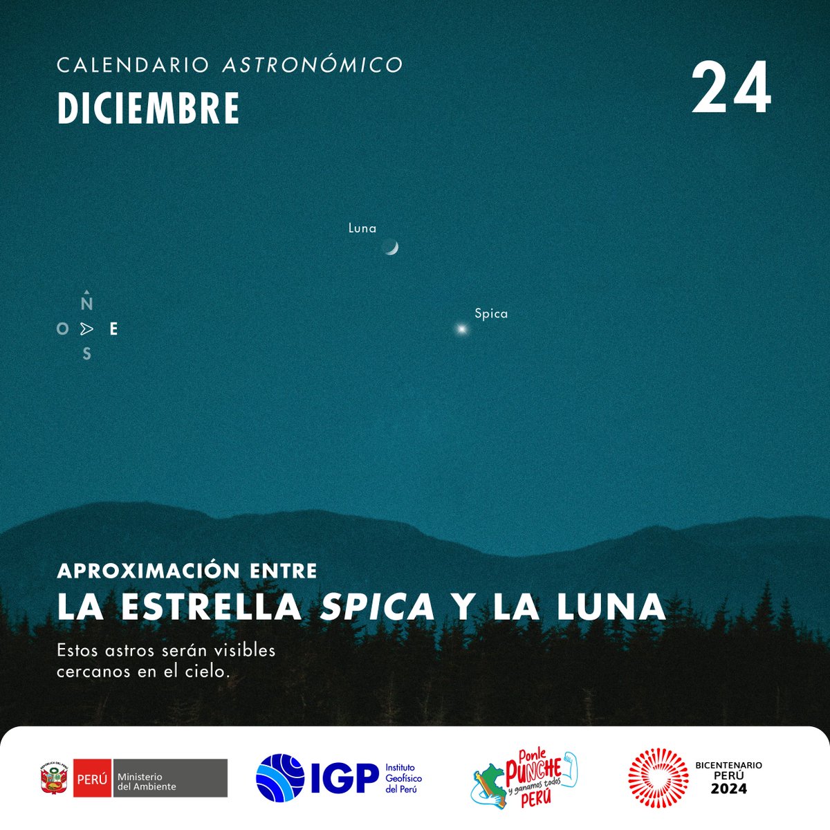 igp_peru's tweet photo. 🌖 La Luna y la ✨ estrella Spica, la más brillante de la constelación de Virgo, serán visibles cercanos en el cielo. Su separación angular será de 6 grados, aproximadamente.

👉 Visible desde las 01:30 a. m. del 24 de diciembre, hasta el amanecer. https://t.co/zIxifwpbMe