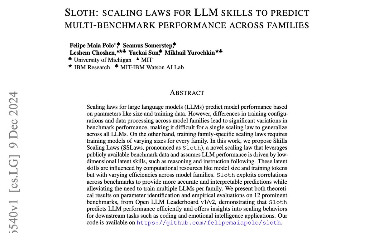 felipemaiapolo's tweet image. Sloth: scaling law for LLM skills predicts benchmark scores (even from a single model per family). It is based on factor analysis and has family-specific parameters, making it interpretable and accurate!

Paper: arxiv.org/abs/2412.06540
GitHub: github.com/felipemaiapolo…

🧵1/8