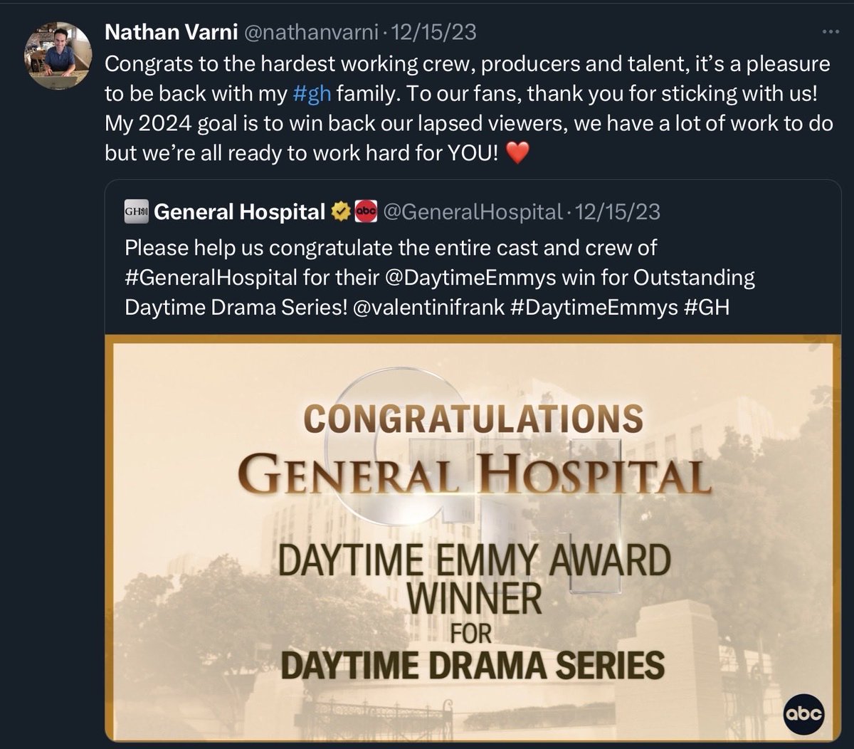 LSA8M's tweet image. 🧐Did @nathanvarni make his goal to win back lapsed viewers this year, anyone return this year? 

Did they, @abcnetwork, @valentinifrank, @craigerwich, @Disney, work hard for US, do they care about US, the loyal daytime viewer?! 

Has #GH improved this year under Nathan’s watch?