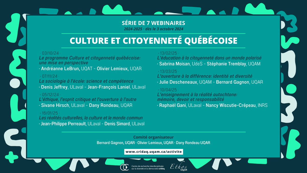 [Série CCQ] Avez-vous entendu parler de la série de webinaires sur le programme #CCQ? 👀

Pour vous inscrire au prochain webinaire et/ou visionner ceux de la session d’automne :
cridaq.uqam.ca/activite/ccq4/

<a href="/FRQSC/">FRQ - secteur Société et culture</a> @UQAR <a href="/LaboLires/">LIRES</a> <a href="/crifpe/">CRIFPE</a> <a href="/universitelaval/">Université Laval</a>