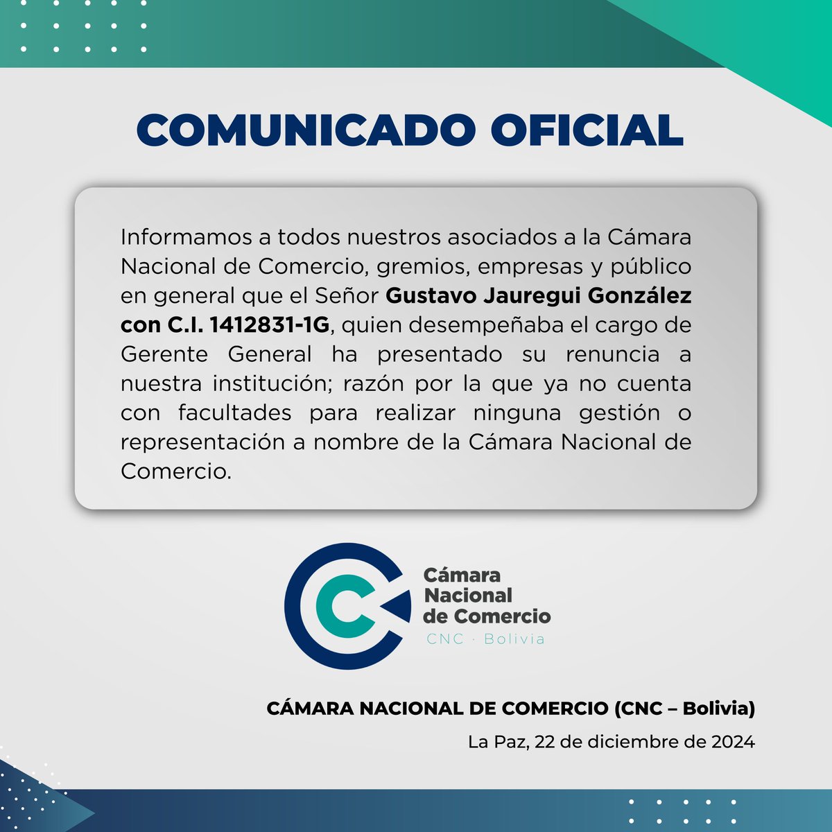 📍 COMUNICADO OFICIAL 🏢

Para conocimiento de todos los socios y miembros de la Cámara Nacional de Comercio CNC - Bolivia 🇧🇴 👨🏻‍💼

#comunicado #cnc