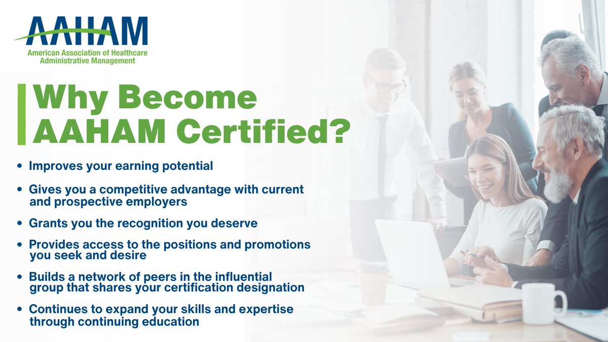 Learn more about the benefits of becoming AAHAM certified! 

Visit: ow.ly/y1Lq50UuwZ5 to view important certification facts, the types of certifications we offer, how they are influential and more!

#AAHAM #Healthcare #admin #healthcareadmin