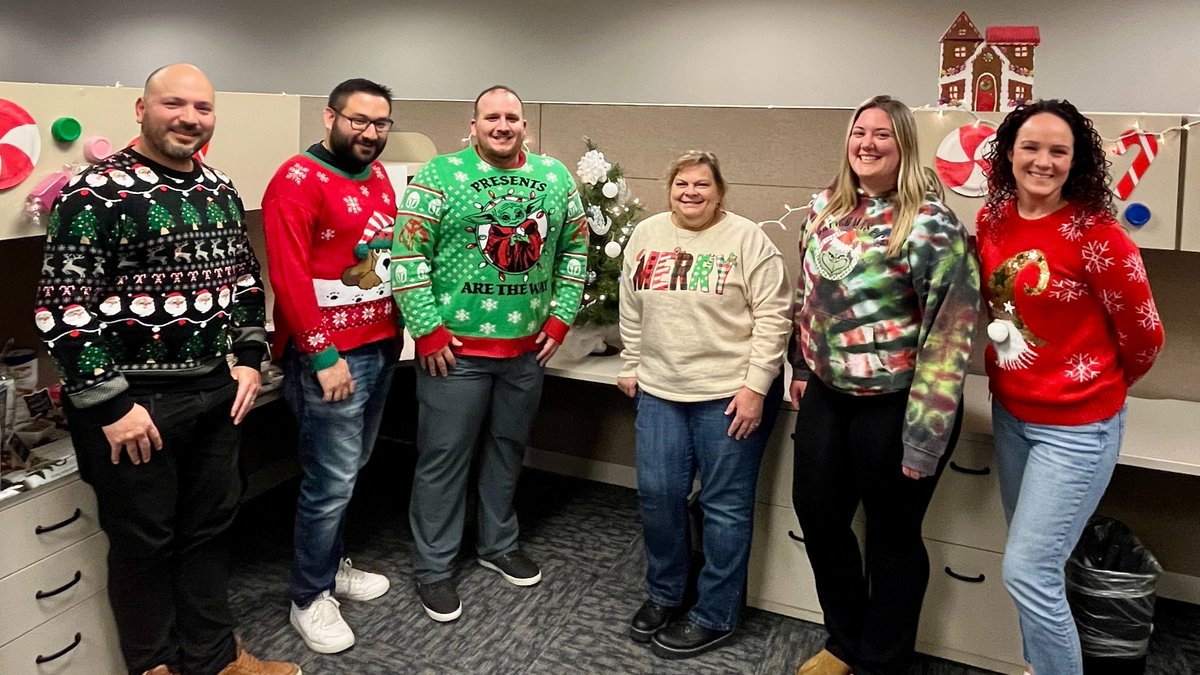 AffinityFCU's tweet photo. Holiday cheer is in full swing here at #AffinityFCU! Last week to celebrate #NationalUglyChristmasSweaterDay, our employees embraced the holiday spirit in style with their most festive, ugly sweaters!
🎅 Like this post if you’re feeling the holiday spirit, too! https://t.co/LlCIfnoaOH