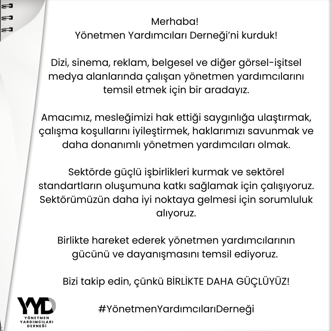 Merhaba! Yönetmen Yardımcıları Derneği'ni Kurduk!
Şimdi Birlikte Daha Güçlü!
#yönetmenyardımcılarıderneği