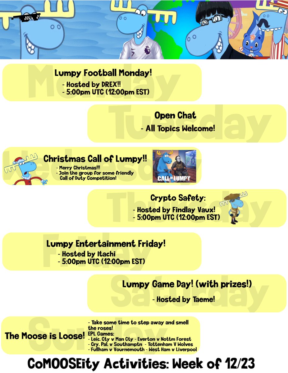 lumpyonbaseCTO's tweet photo. 🎅🎅Schedule Alert 🎅🎅   

Check out our action packed holiday schedule. Please notice there are some exciting changes including Call of Lumpy (Wednesday) and Crypto Safety (Thursday). Come join us! You will be glad you did! We also would like to take the opportunity to wish you and your families a wonderful holiday!!!       

Telegram: https://t.co/jN0SZG5USB       

Buy. HODL. Build. $Lumpy 📷🤝