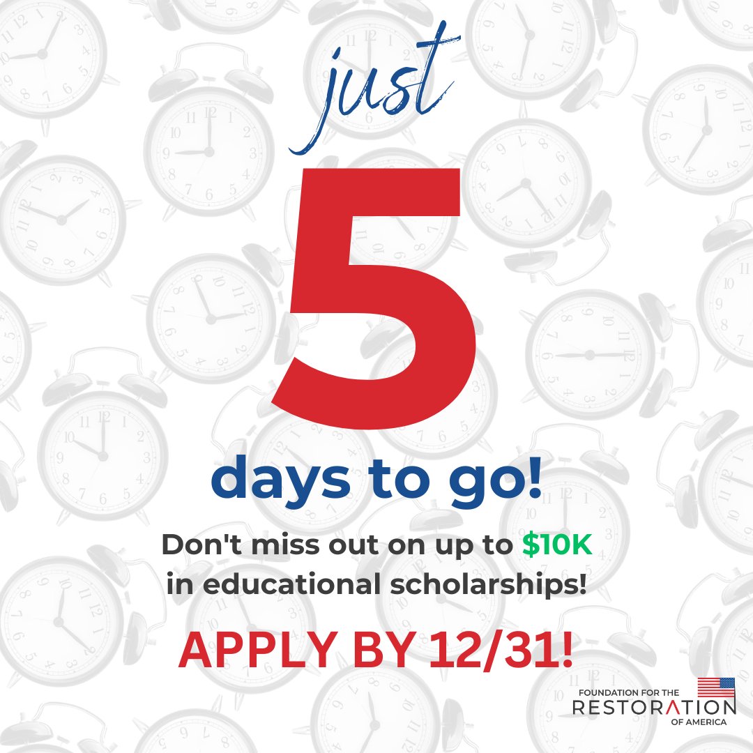 __ROAF's tweet photo. ๐จ We are down to only 5 days before Constitutional Studies Scholarship Program applications are due! Don't miss out on your chance to win up to $10k in educational scholarships! Apply NOW! https://t.co/xwAw0ywak1 #ffroa #scholarships https://t.co/bWDYMtvhiU