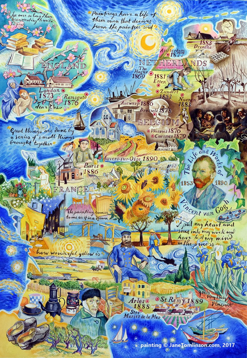 JaneSunflower's tweet photo. On this day in 1888, painter #vanGogh cut off most of his left ear in probably the most infamous act of self-mutilation in #ArtHistory. Here's my painting of Vincent's life & works:
https://t.co/MH62IG3oiz
#painting #map #handpaintedmap #cartography #vincentvangogh #Art https://t.co/KuezqMIxMw