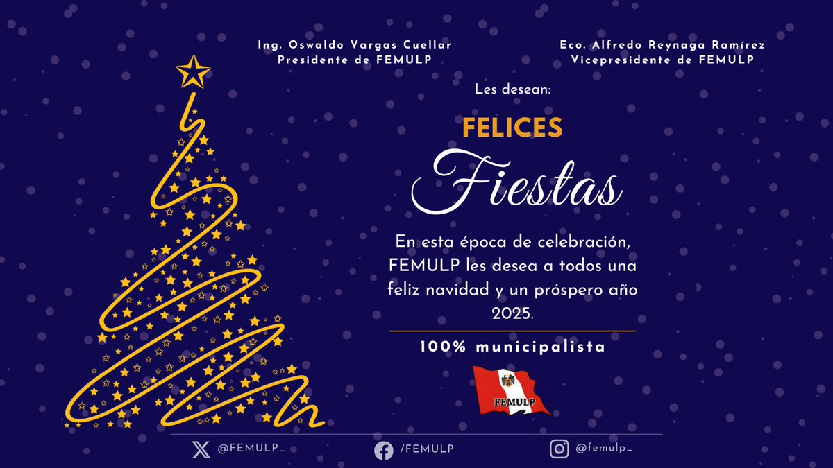 FEMULP_'s tweet photo. El Presidente y el Vicepresidente de #FEMULP les desean unas fiestas llenas de amor, paz y alegría a todos los municipalistas, socios y amigos.

Por un 2025 lleno de oportunidades y así, forjar mejores y más fuertes relaciones.

¡Felices Fiestas!
#FEMULP2025 #Municipalista https://t.co/yXzQZa8sjv