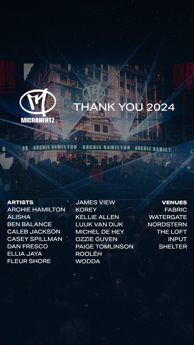 Archie Hamilton (@archiebhamilton) on Twitter photo 2024 is the year <a href="/microhertzmusic/">MicroHertz</a> launched as an event brand.
Thank you to all the artists who released on the label, who joined us on tour, the teams of our partners and to all the ravers who joined us on the dance floor.
2025 promises to be our biggest year yet Ⓜ️ 2024 is the year <a href="/microhertzmusic/">MicroHertz</a> launched as an event brand.
Thank you to all the artists who released on the label, who joined us on tour, the teams of our partners and to all the ravers who joined us on the dance floor.
2025 promises to be our biggest year yet Ⓜ️