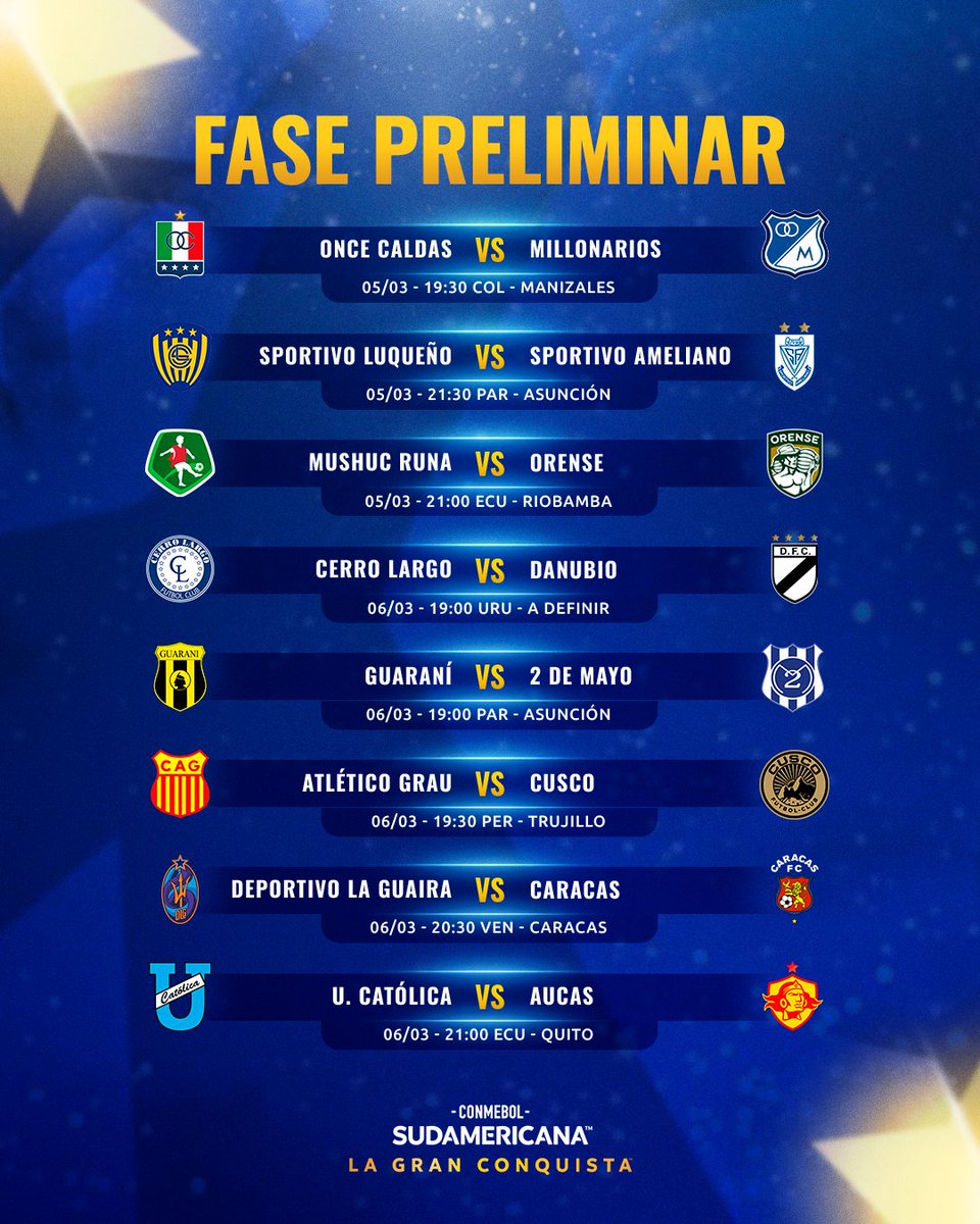 Sudamericana's tweet photo. 📆🏆 ¡El fixture completo de la Fase Preliminar de la CONMEBOL #Sudamericana 2025! 

#LaGranConquista https://t.co/xBU3iCgMHb
