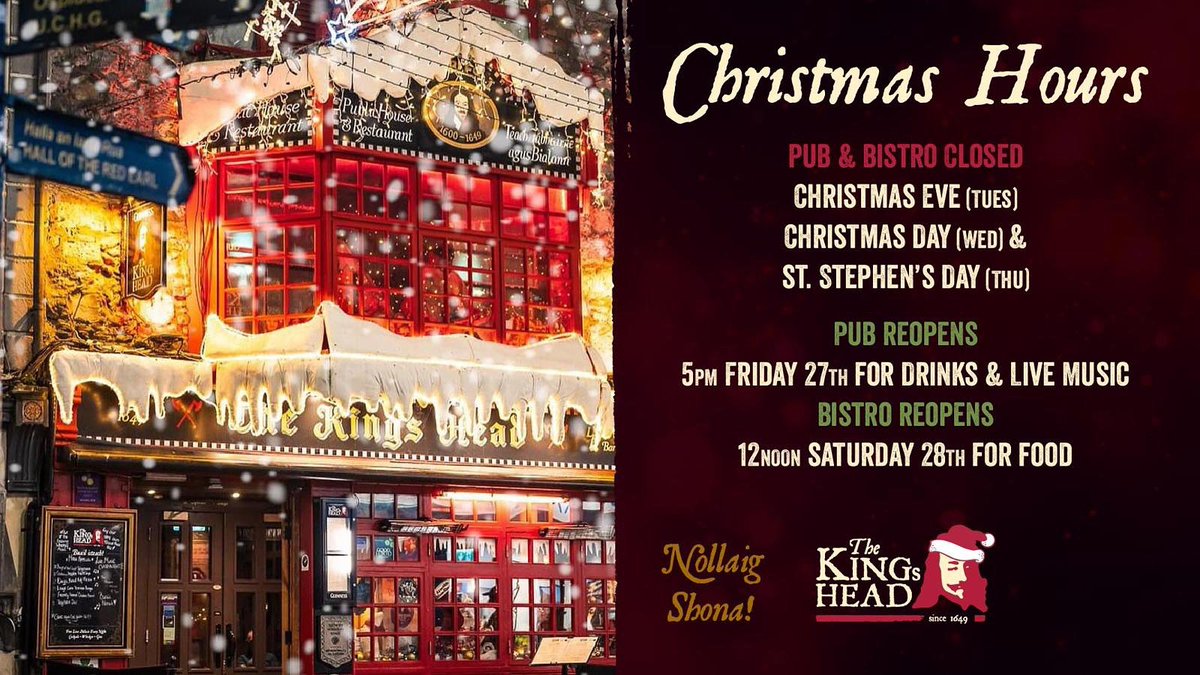 kingsheadgalway's tweet photo. Just 2 more sleeps 🎅
Live Musical tonight from Fred &amp; James🎄🍹🎄 https://t.co/2U7gP3VodX