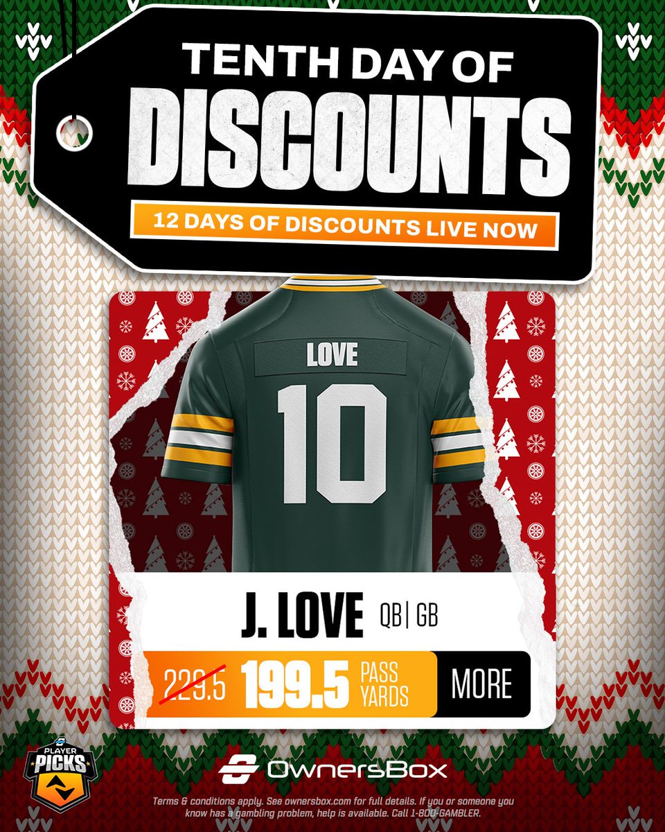 OwnersBox's tweet photo. 12 DAYS OF DISCOUNTS - DAY 10 🎁

Love pass yds has been discounted to 199.5 for Monday Night Football 🏈

Are you rollin' with Toyotathon Jordan Love tonight? 👀 https://t.co/PKVpAYkpkS