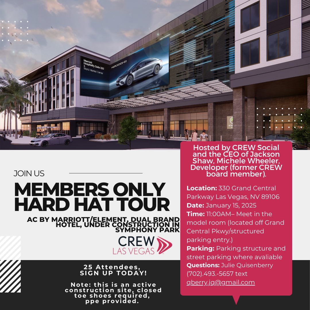 Don’t miss our first members-only event of 2025: a hard hat tour of the AC Hotel by Marriott and Element by Westin Symphony Park—a dual-branded hotel currently under construction—on January 15.

Only 25 spots are available, so register today!

crewlasvegas.wildapricot.org/event-5978490/…