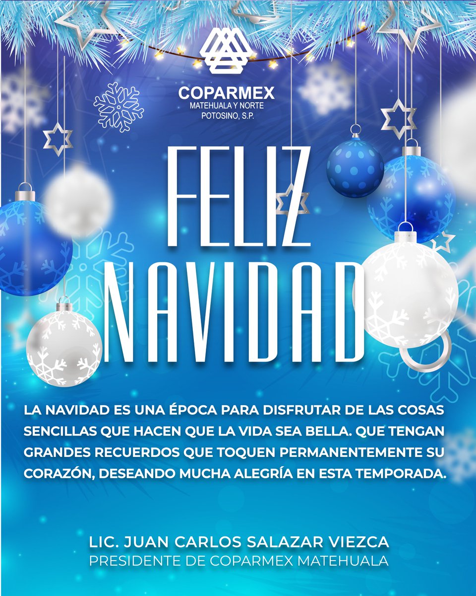¡FELIZ NAVIDAD 2024! 🎄🎅🏼🎉🌟
Nunca dejen pasar un solo día sin expresar su amor a los seres queridos. La Navidad es la mejor época para recordar que el año puede estar lleno de momentos felices si no perdemos el espíritu navideño🎄🌟

#COPARMEX