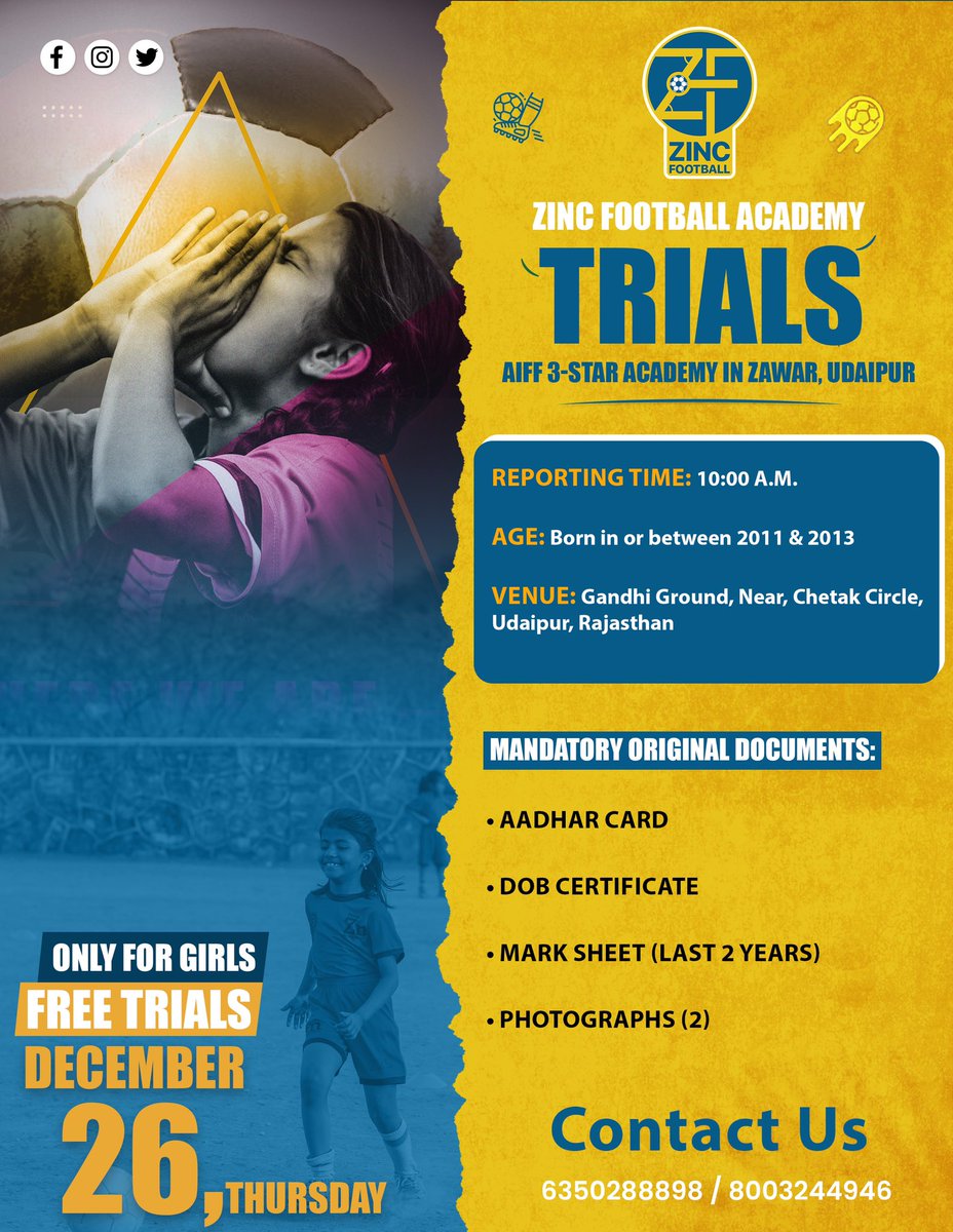 ZincFootball's tweet photo. SCOUTING ALERT 🔔 Just 3️⃣ nights away #OnlyForGirls
#ZincFootball is calling all aspiring young footballers (girls) to grab this golden opportunity to join us 🏆
⚽ Eligibility: Girls born in or between 2011 and 2013
📍 Venue: Gandhi Ground, Udaipur, Rajasthan
💥 Fees: None! Just bring your passion and talent.
Tag your friends and spread the word 🌟 Let’s empower our girl child 💪
#DeshKaSapnaGoalApna #IndianFootball #Rajasthan