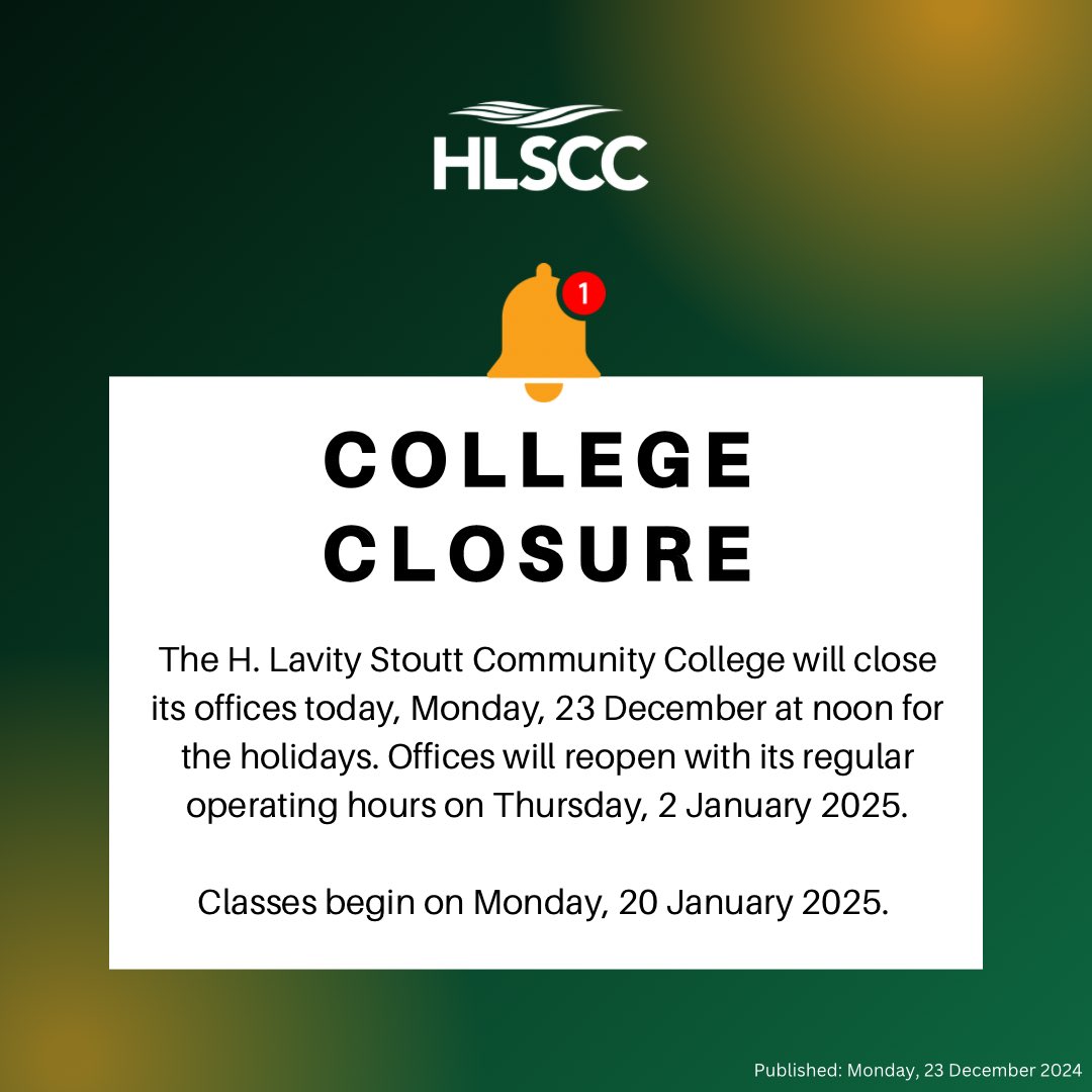 That’s a Wrap on Fall 2024! 🍂📚

As we close the chapter on an incredible semester, HLSCC will officially close today, 23 December at noon, and will reopen on Thursday, January 2nd, 2025. 

Classes for Spring 2025 will resume on Monday, 20 January, 2025.